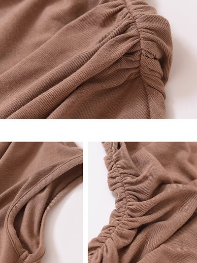 high neck slim fit side gather beige tops