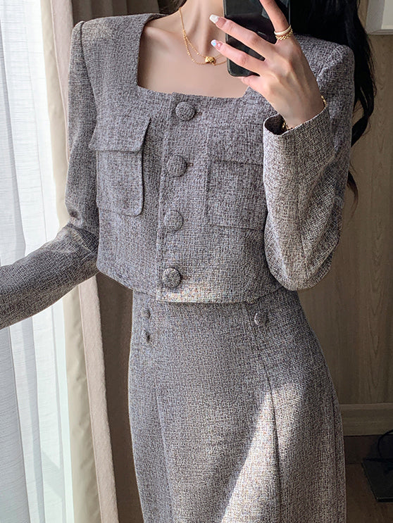 gray brown square collar short French jacket