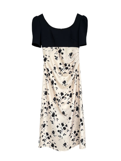 french flower square neck slit long one piece