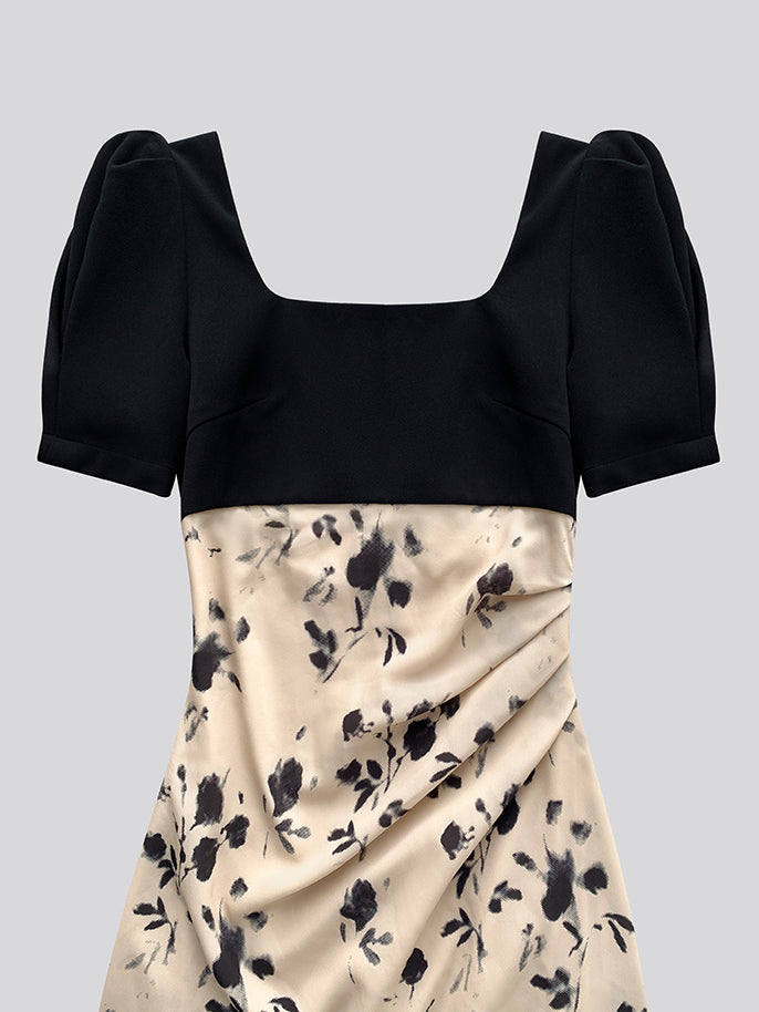 french flower square neck slit long one piece