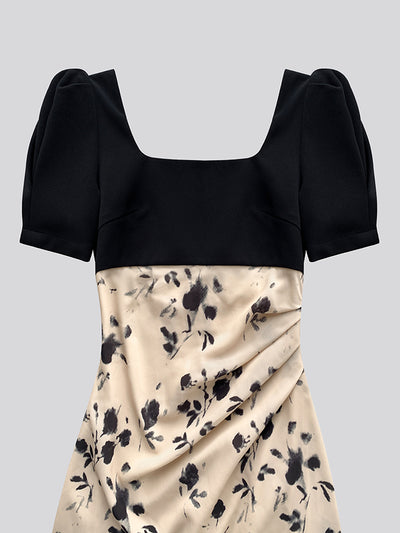 french flower square neck slit long one piece