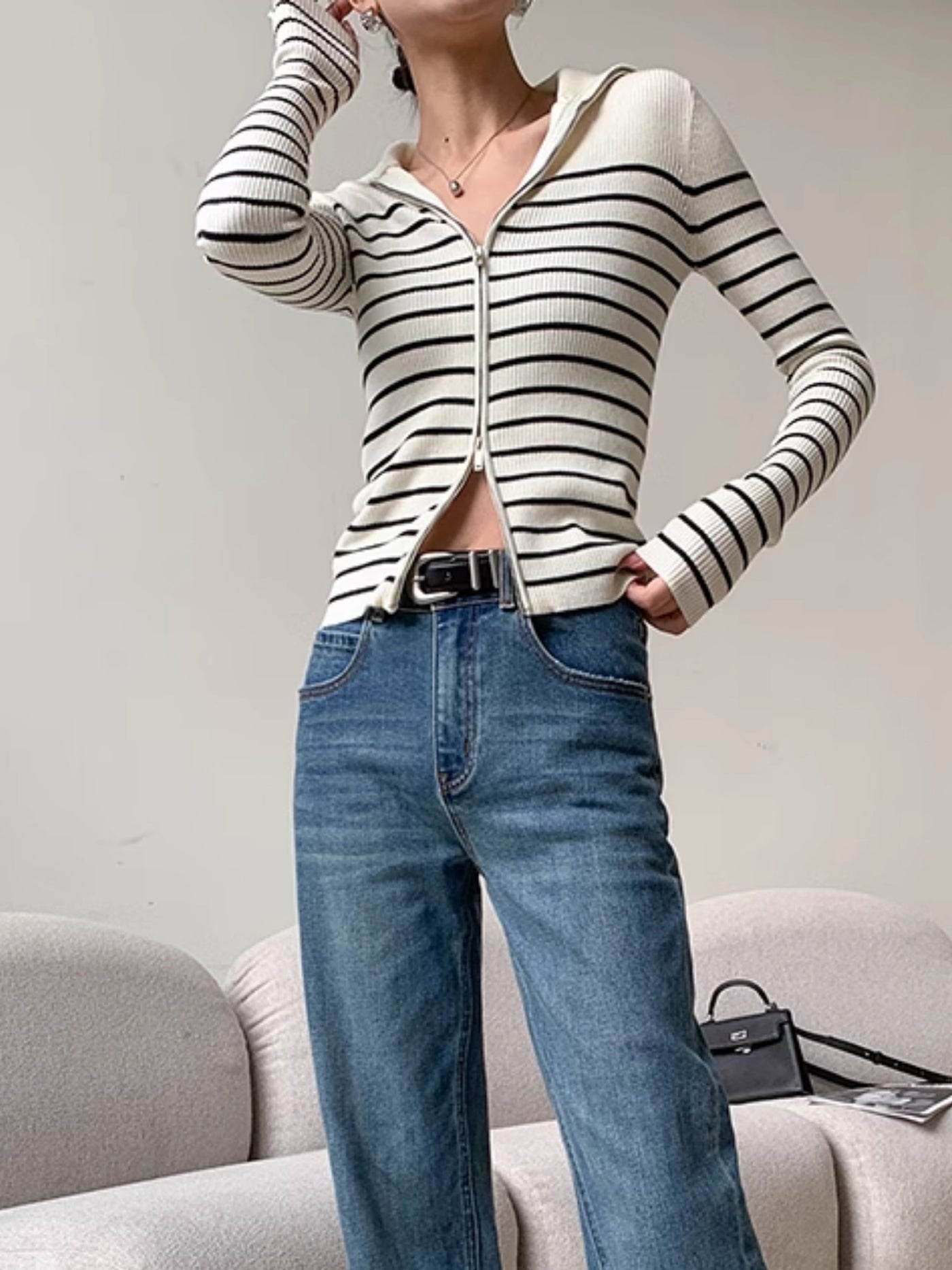 striped zipper knit tops