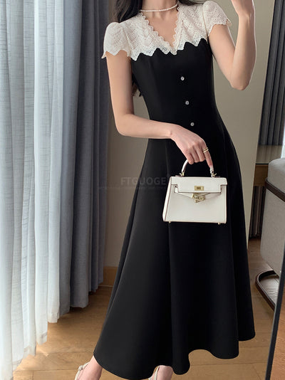 french retro lace flare long one piece