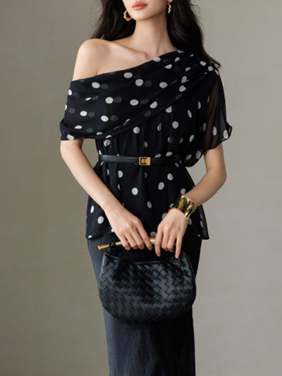 one shoulder chiffon dot tops