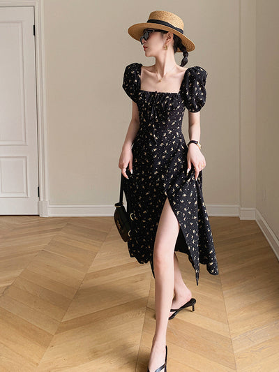 square neck puff sleeve slit black flower one piece