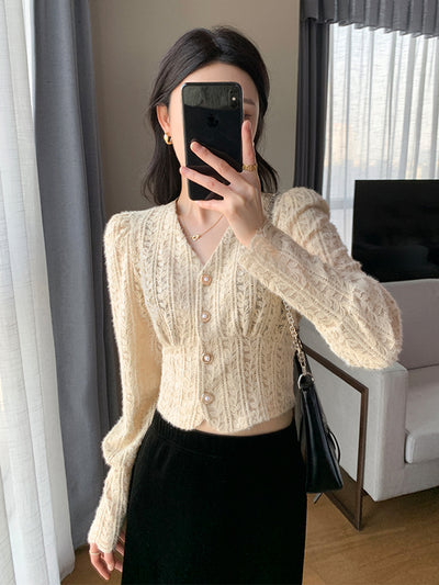 v neck knit short lace cardigan