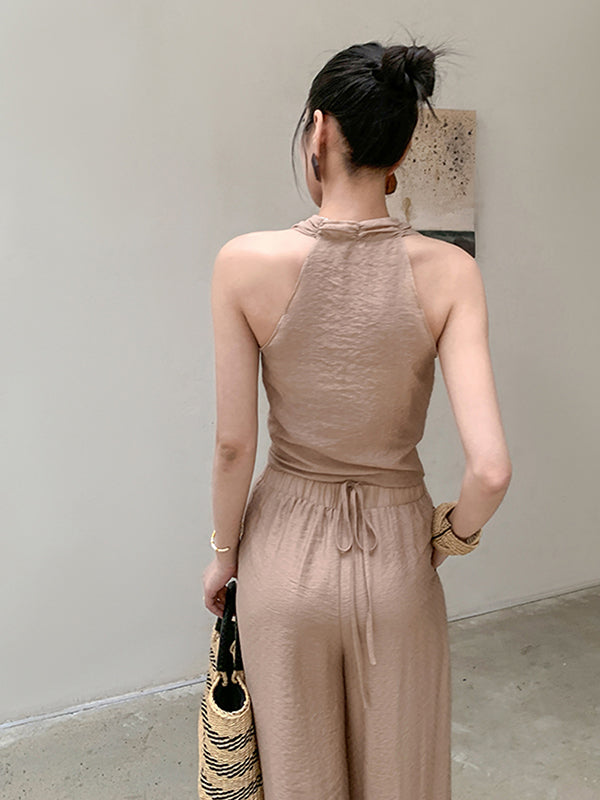 milk tea sleeveless tops and wide pants set up