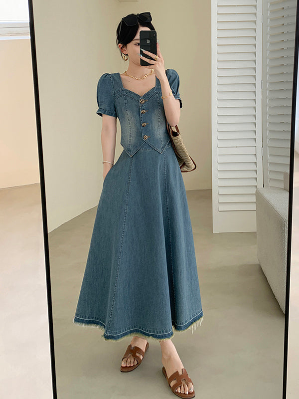puff sleeve blue denim flared long dress