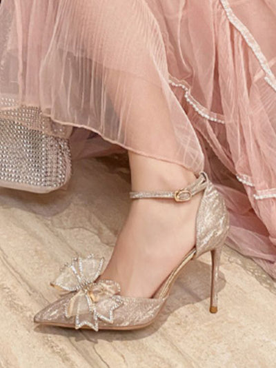 rhinestone ribbon pointed toe pumps