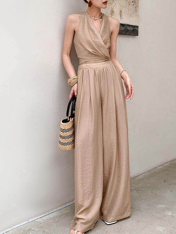 milk tea sleeveless tops and wide pants set up