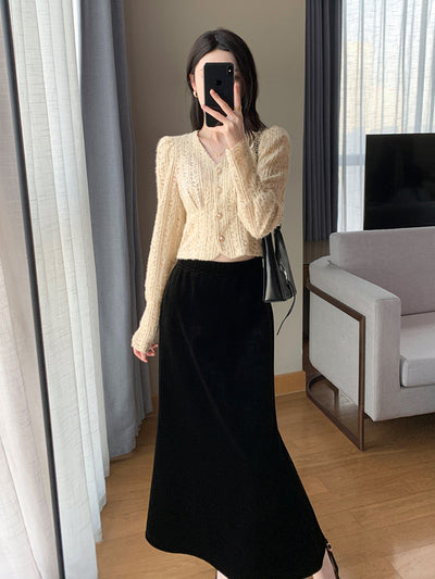 v neck knit short lace cardigan