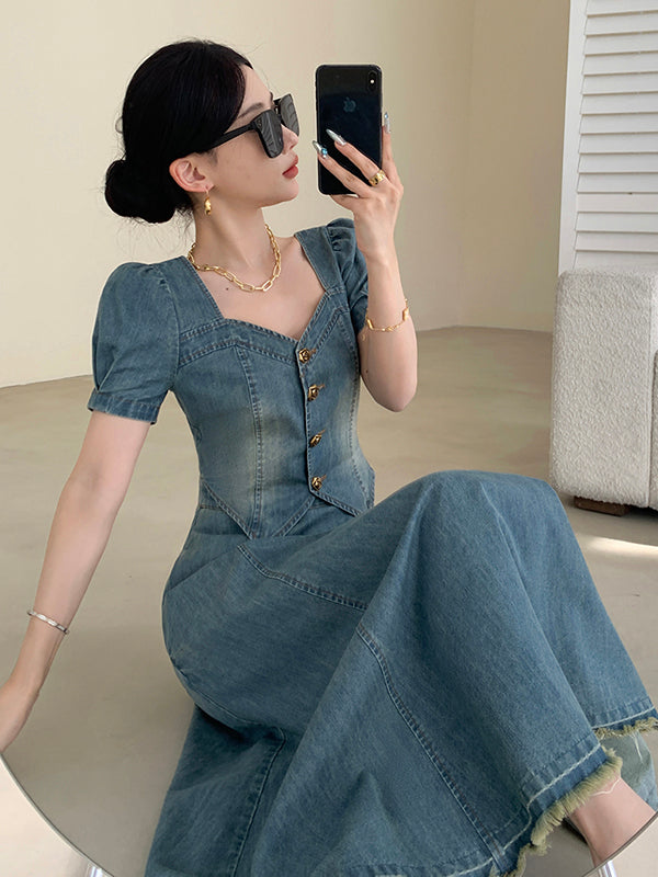 puff sleeve blue denim flared long dress