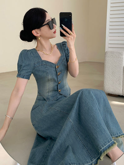 puff sleeve blue denim flared long dress
