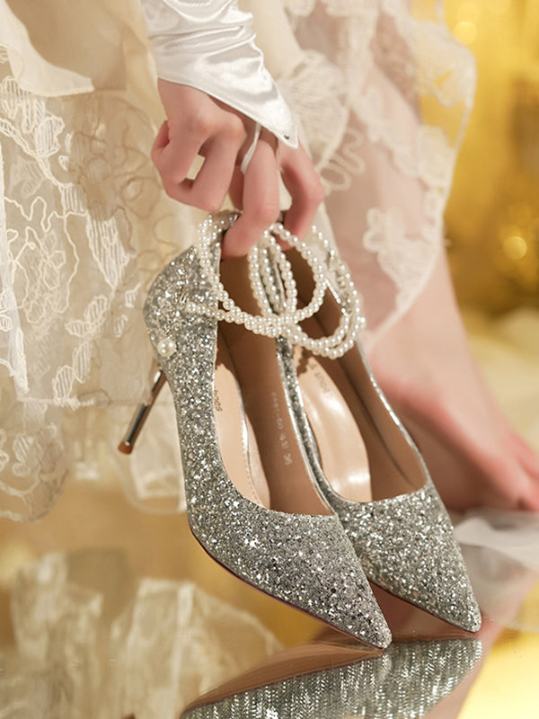 pearl strap crystal diamond pumps