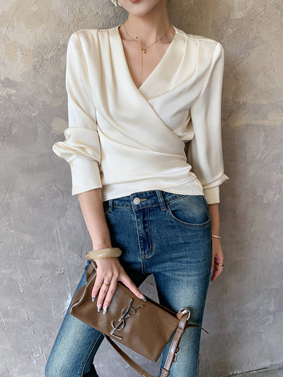 off white v neck waist cross long sleeves shirt