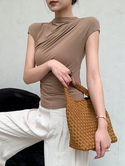 high neck slim fit side gather beige tops