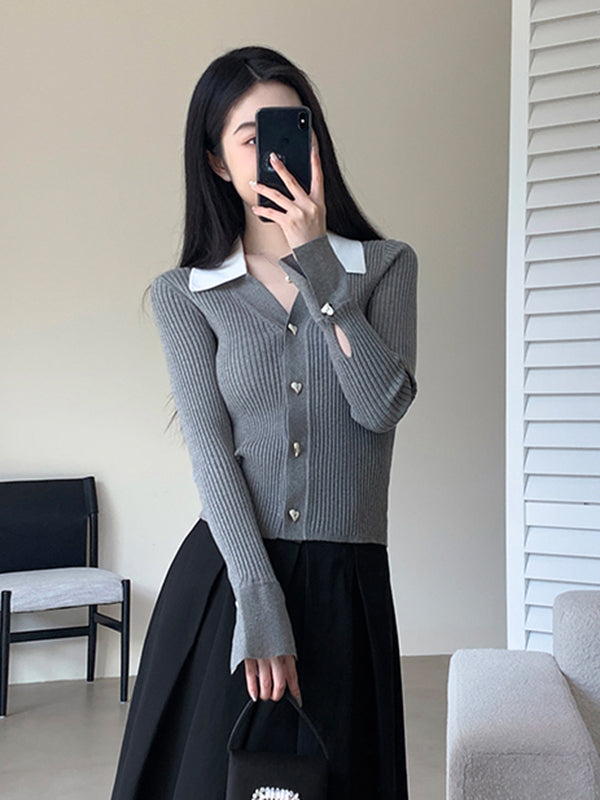 v neck collar heart button cardigan