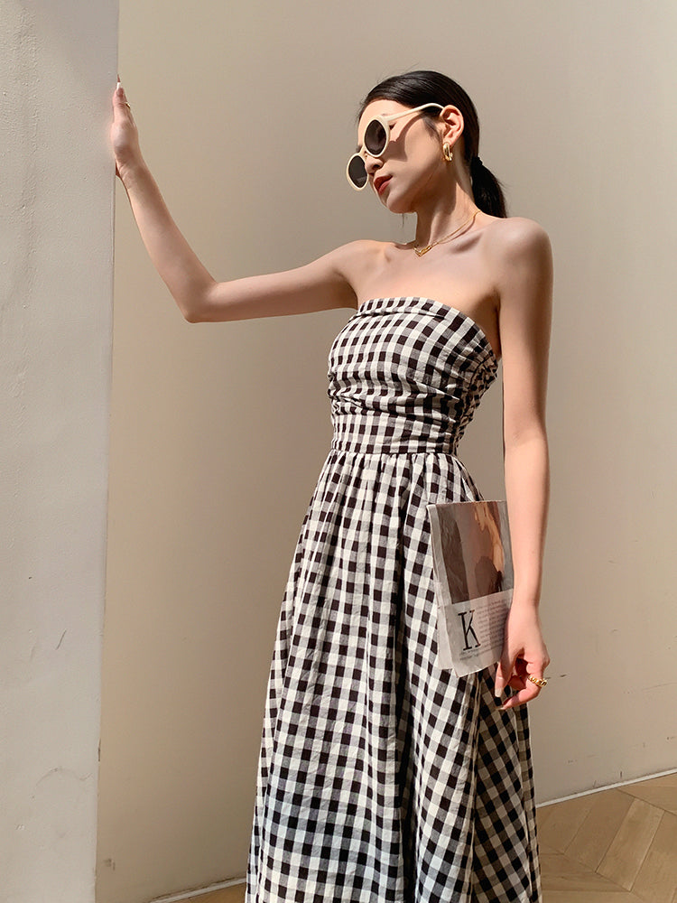 black plaid tube top a line long dress