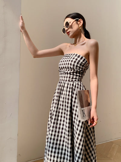 black plaid tube top a line long dress