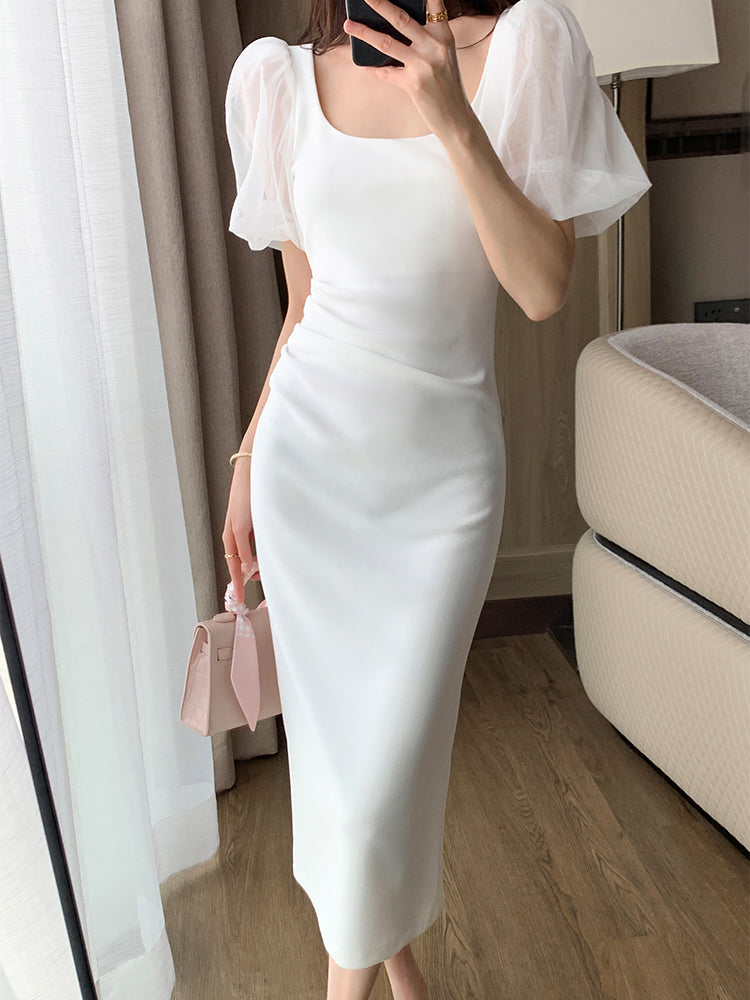 chiffon puff sleeve white tight dress
