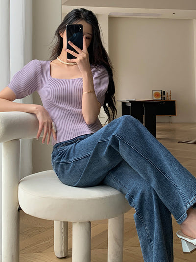 light purple square neck puff sleeve knit tops