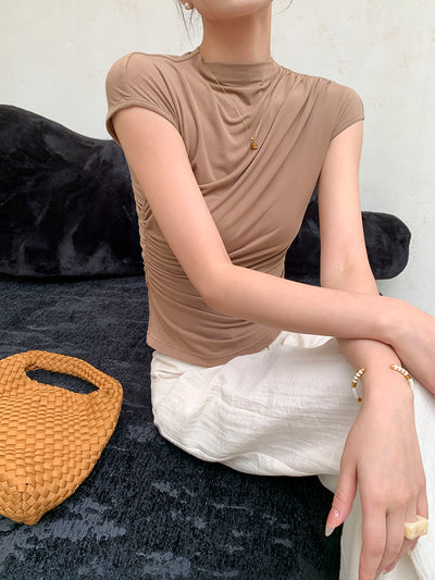 high neck slim fit side gather beige tops