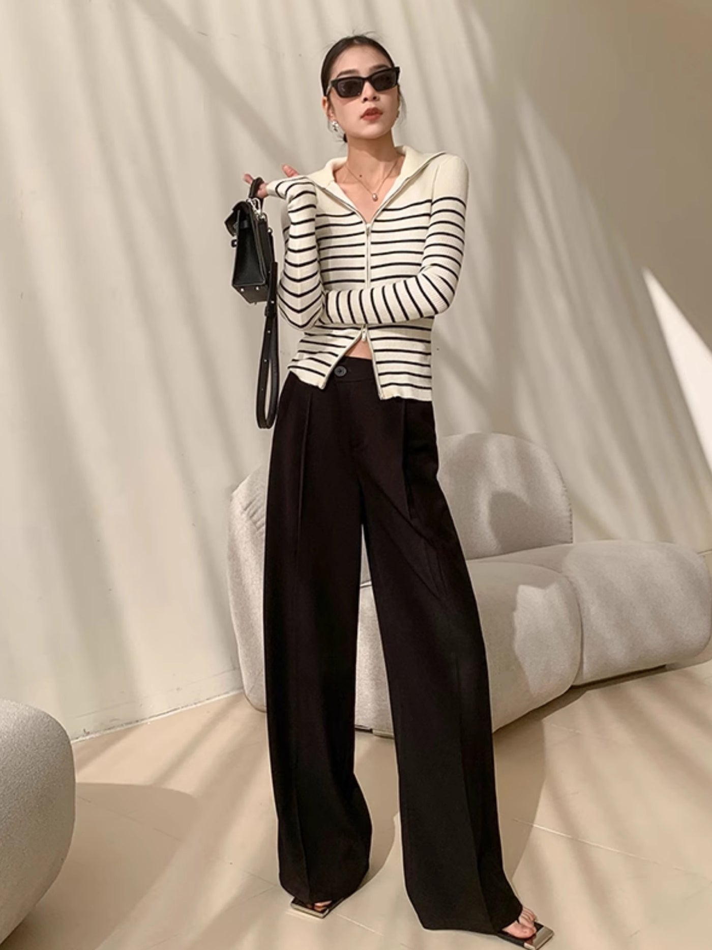 striped zipper knit tops