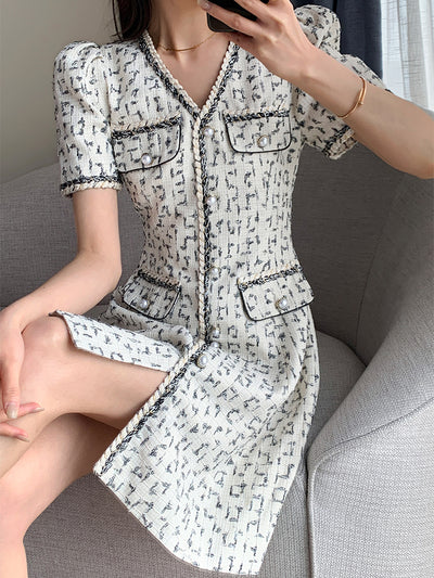 v neck button tweed check short one piece