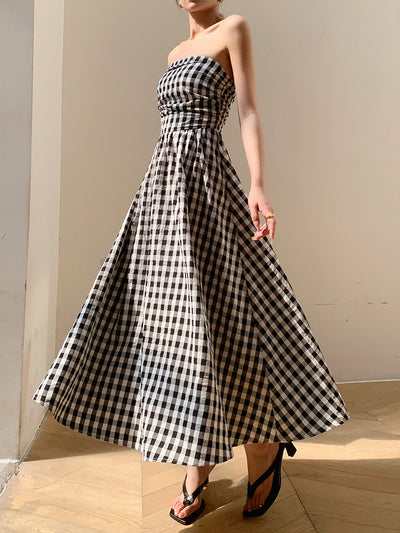 black plaid tube top a line long dress