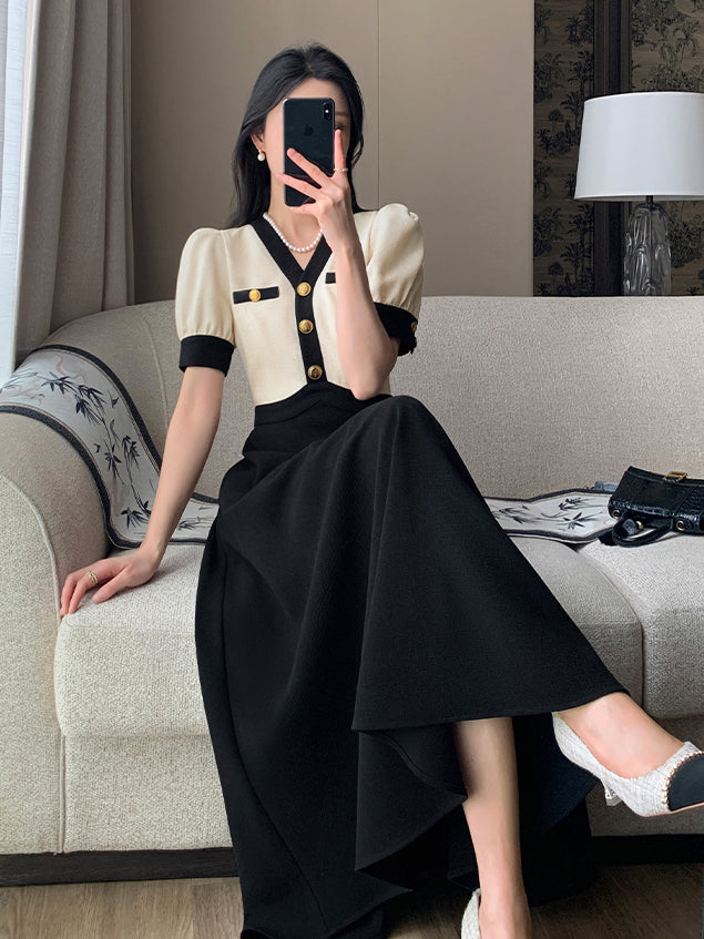 v neck bicolor gold button long one piece