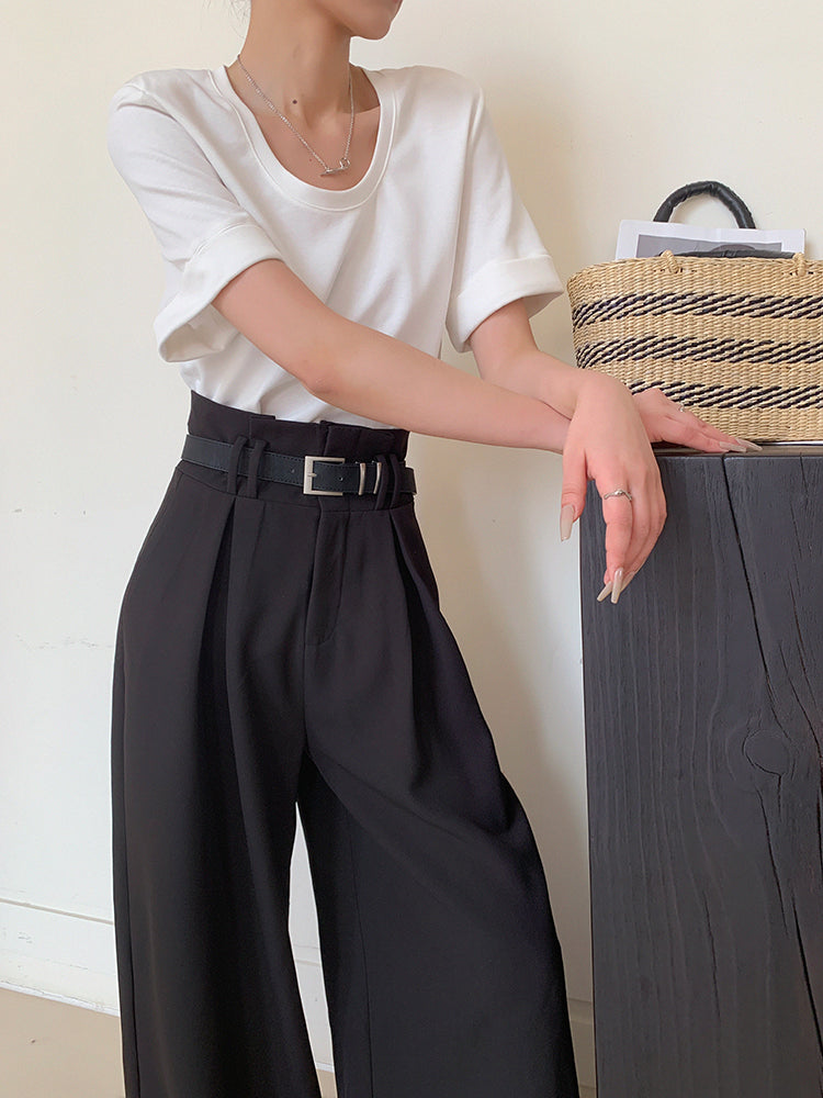 high waist slim wide black pants