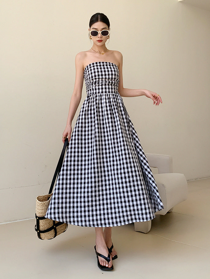 black plaid tube top a line long dress