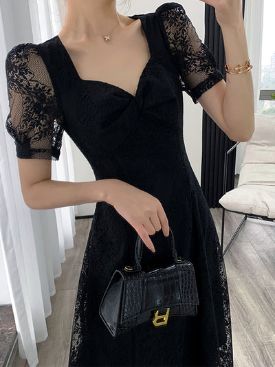 square neck flare black lace one piece