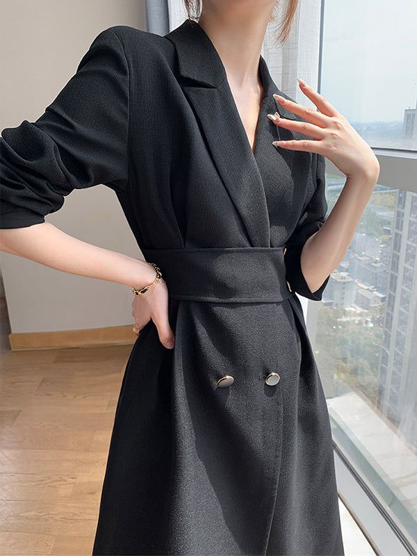 waist slim black long suit dress