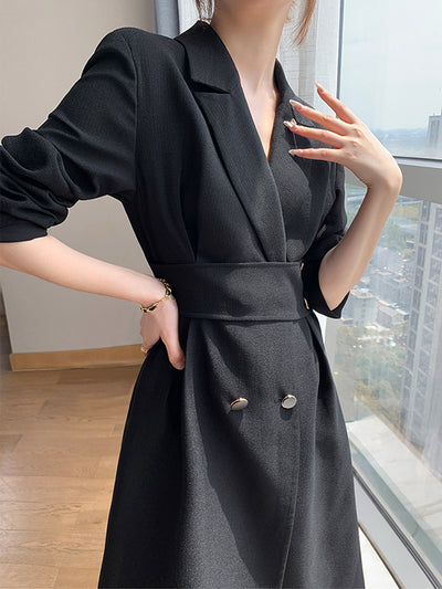 waist slim black long suit dress
