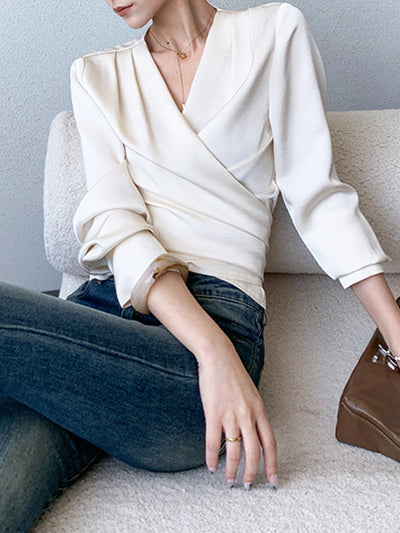 off white v neck waist cross long sleeves shirt