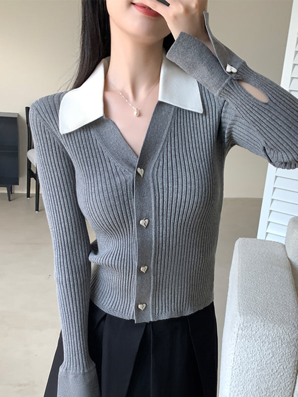 v neck collar heart button cardigan