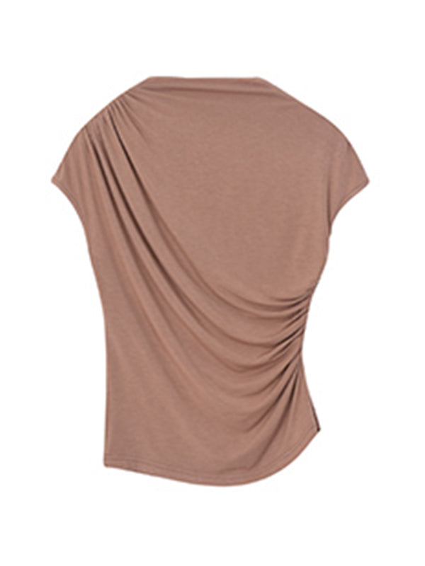high neck slim fit side gather beige tops