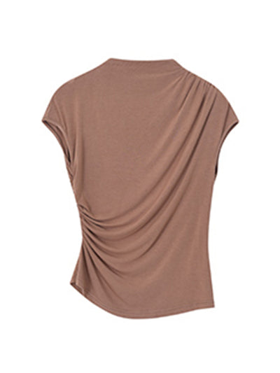 high neck slim fit side gather beige tops