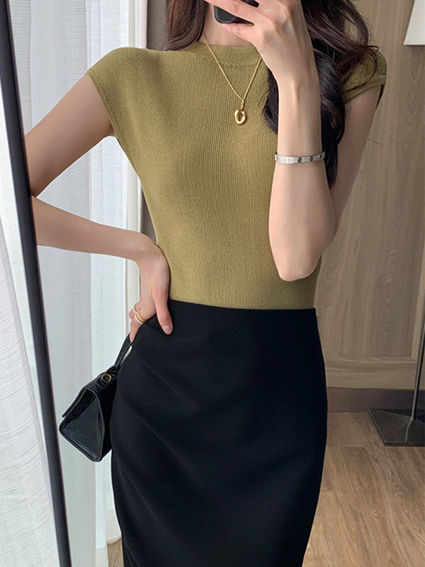 round neck french sleeve slim knit tops