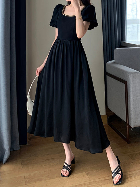 chain square neck puff sleeve black dress