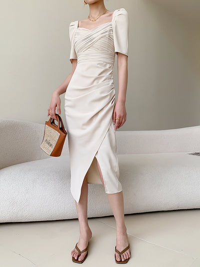 puff sleeve white beige drape slit dress