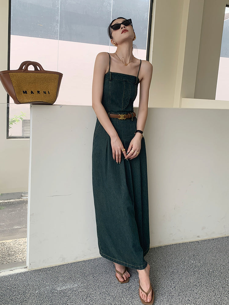 vintage blue denim camisole pleats long one piece