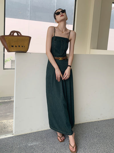 vintage blue denim camisole pleats long one piece