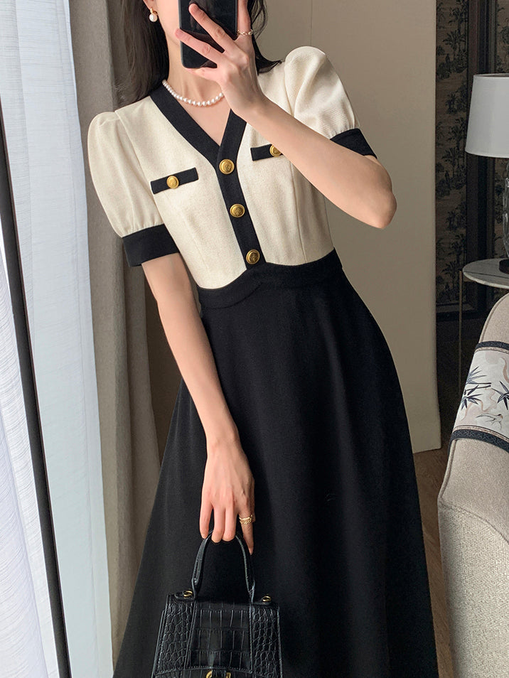 v neck bicolor gold button long one piece