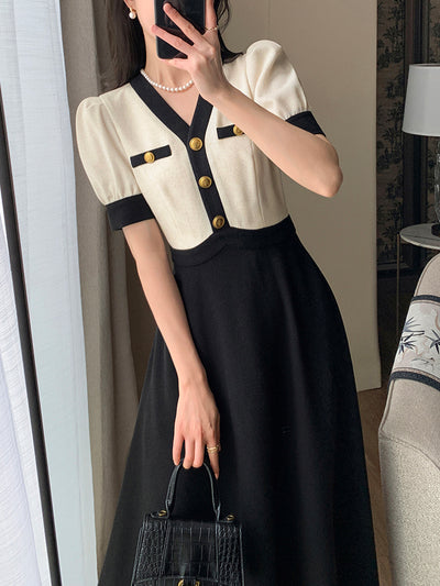 v neck bicolor gold button long one piece