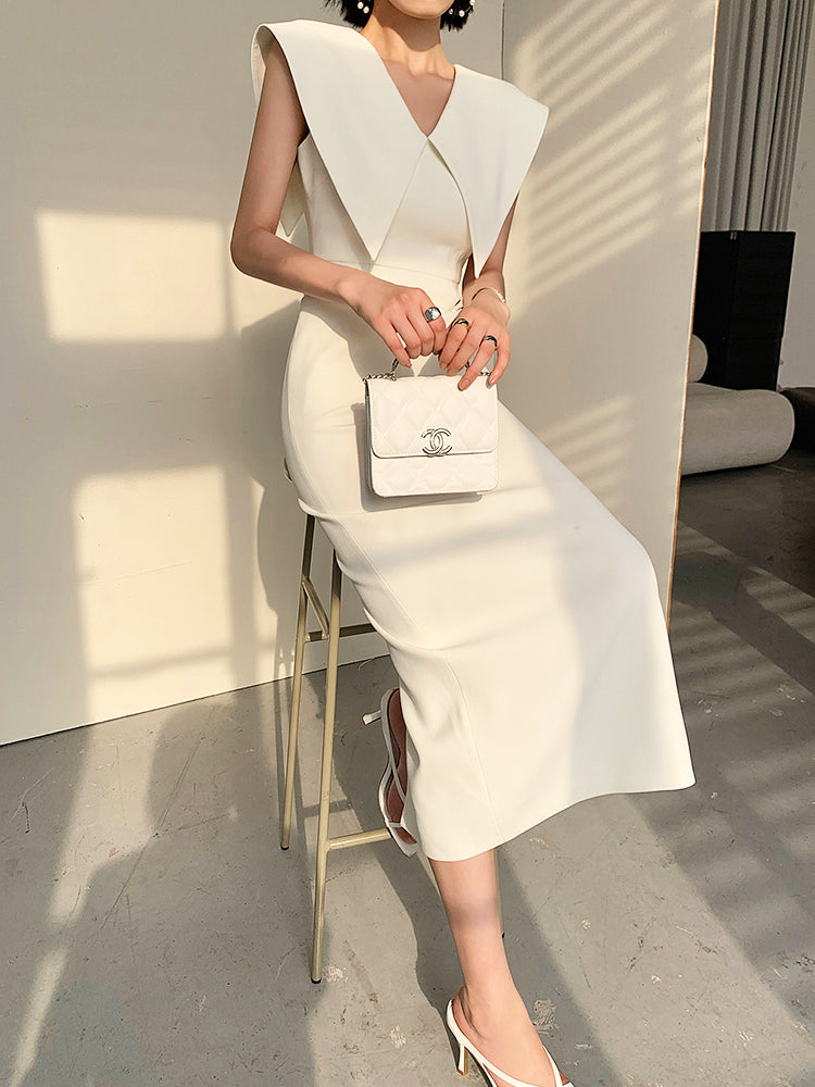 big collar sleeveless slim tight long dress