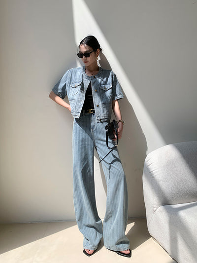 high waist light blue stripe wide pants