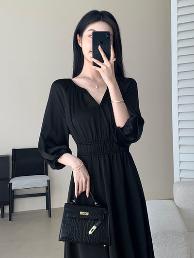v neck three quarter sleeve black long dress