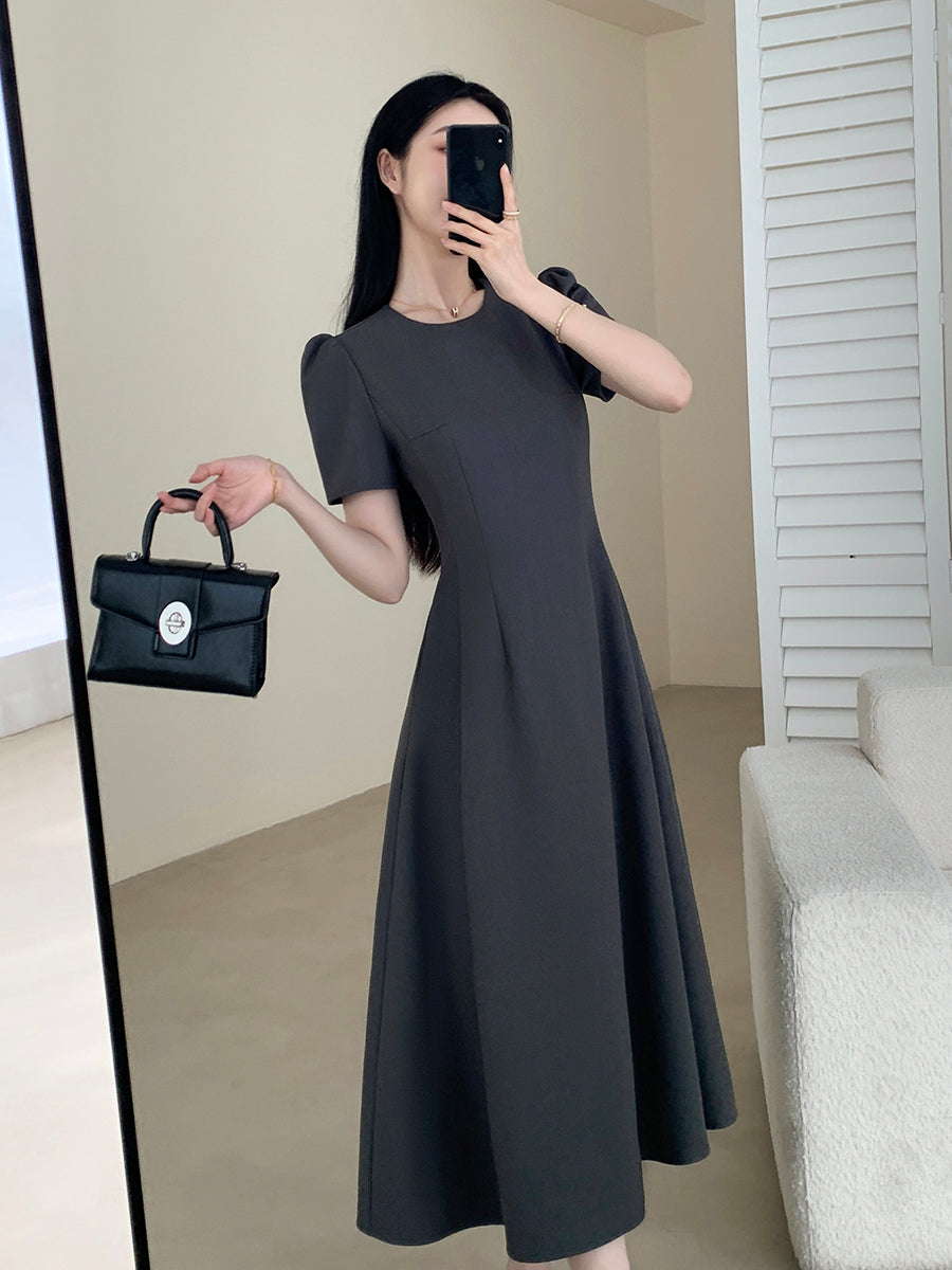 u neck gray flare long dress